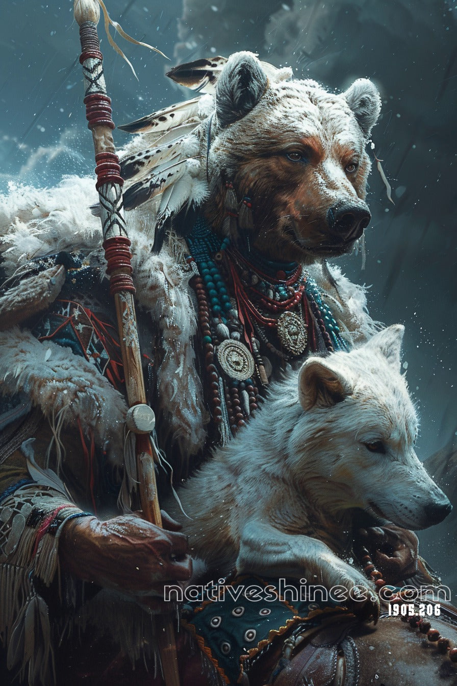 Bear Spirit Sentinel and Wolf Companion Canvas