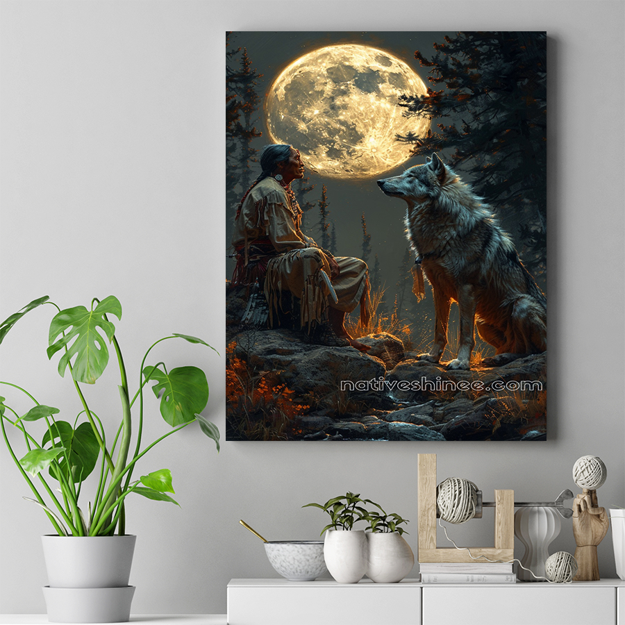 Moonlit Companions: Man and Wolf Native American Canvas