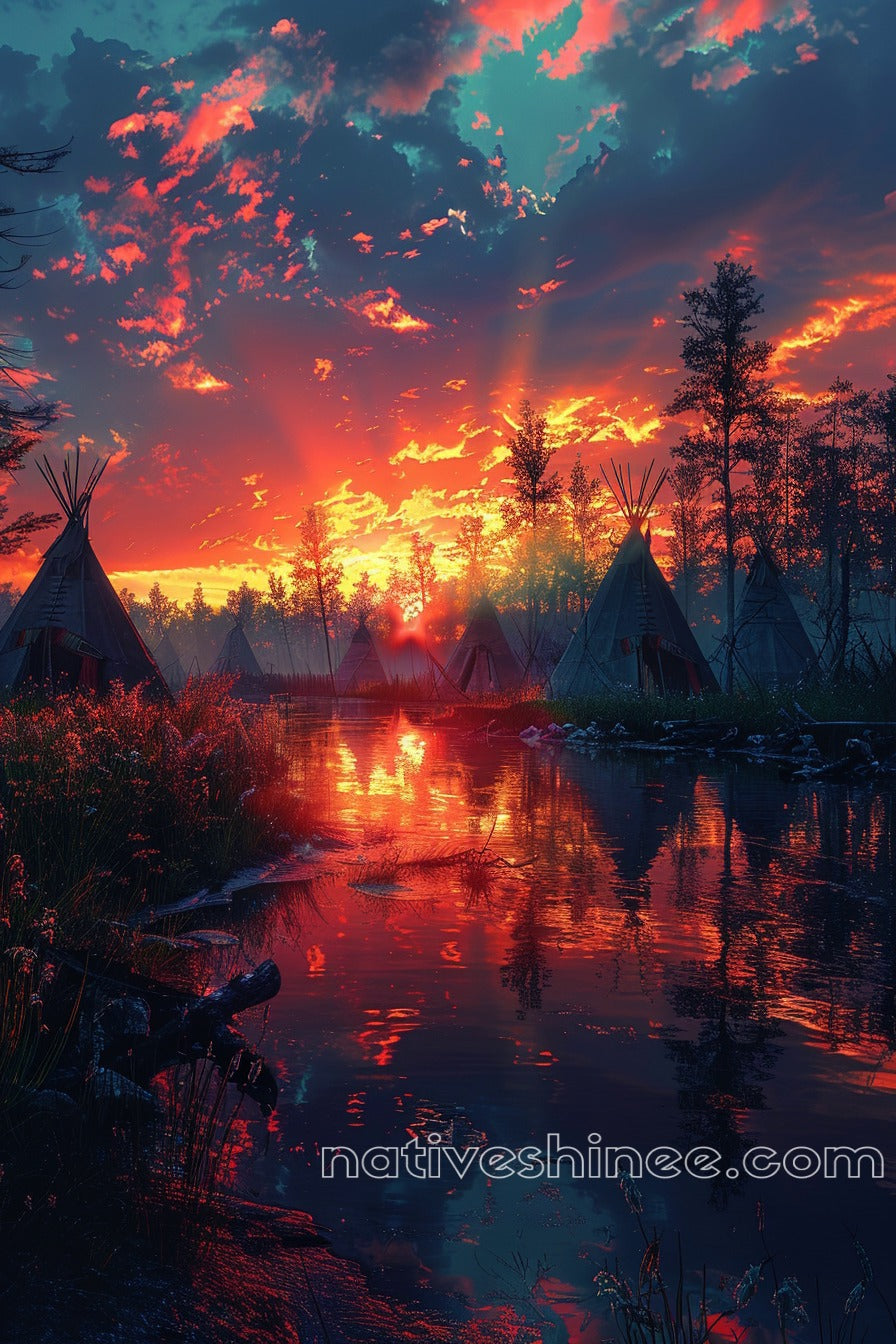 Sunset Over the Tepees: Native American Canvas
