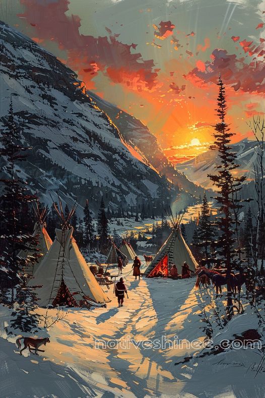 Sunset in the Winter Camp Native American Canvas VA – NativeShinee