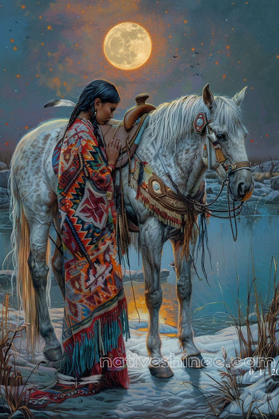Moonlit Harmony: Native Woman and Horse Canvas – NativeShinee