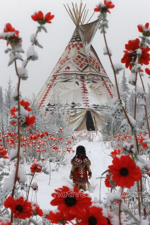 Scarlet Whispers in the Snow Native American Canvas