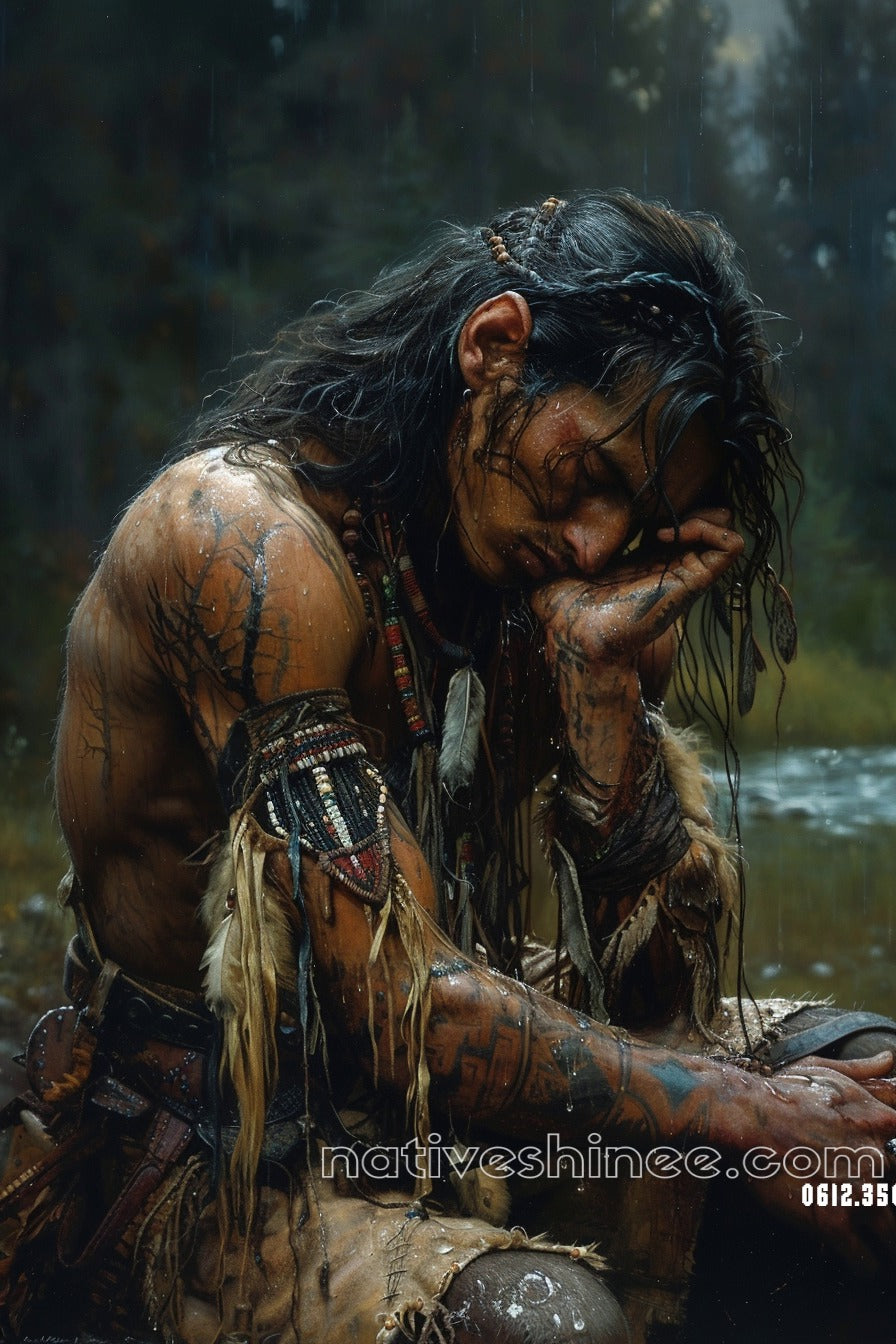 Warrior's Solitude in the Rain Native American Canvas