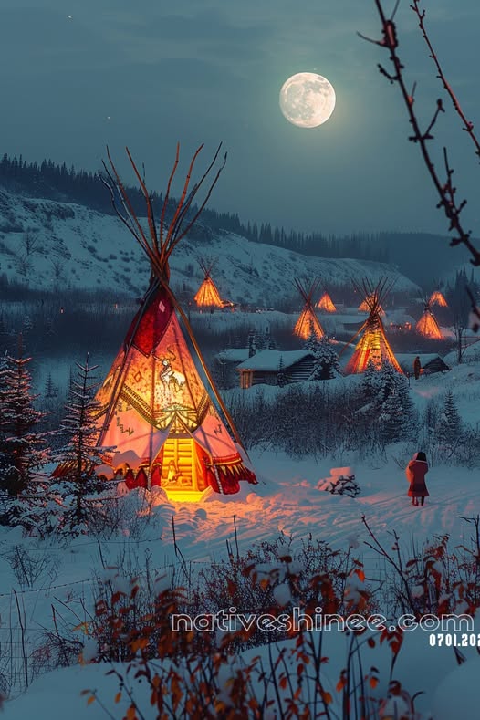 Moonlit Village: A Dance of Lights Native American Canvas