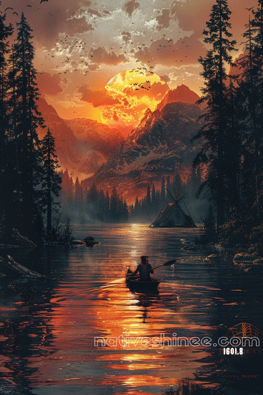 Beneath the Mountain Sky: A Silent Voyage Native American Canvas