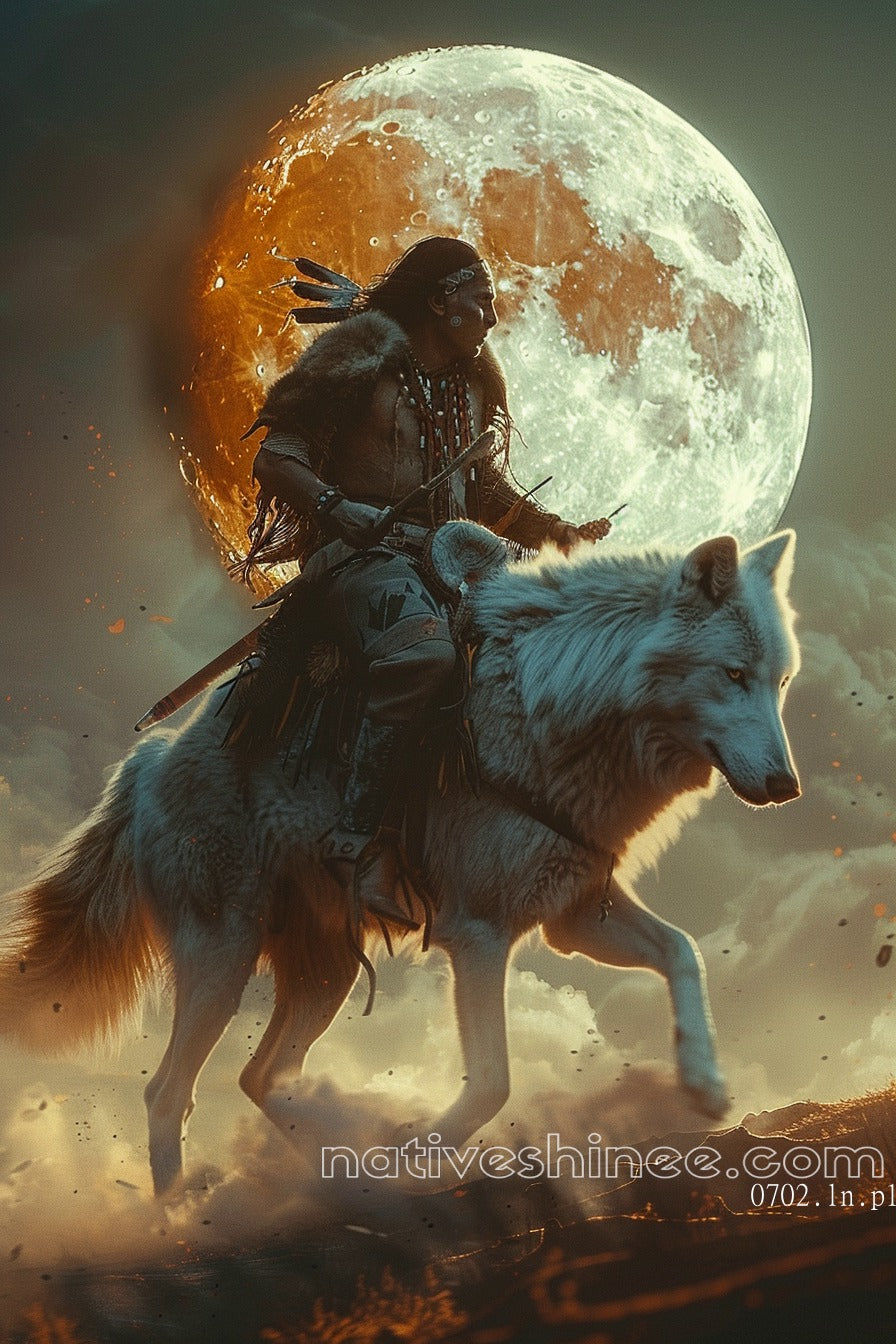 Moonlit Warrior: The Wolf Rider Native American Canvas
