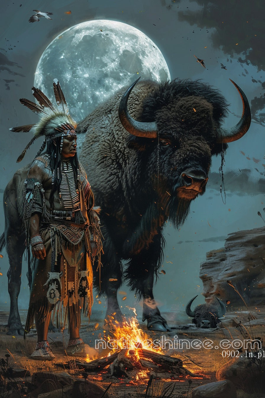 Moonlit Protector: The Warrior and the Buffalo Native American Canvas