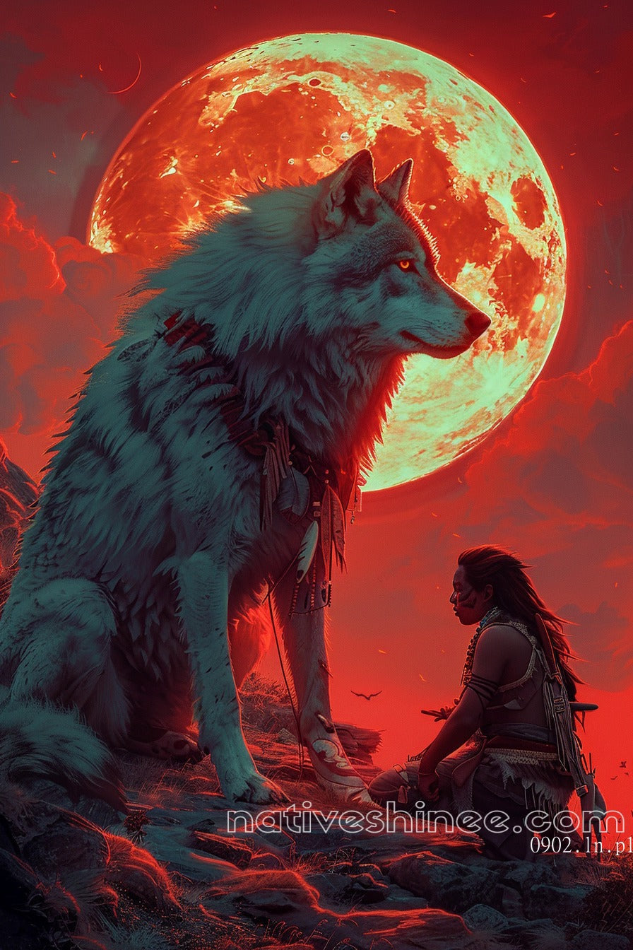 Spirit of the Moon: The Wolf and the Warrior Native American Canvas