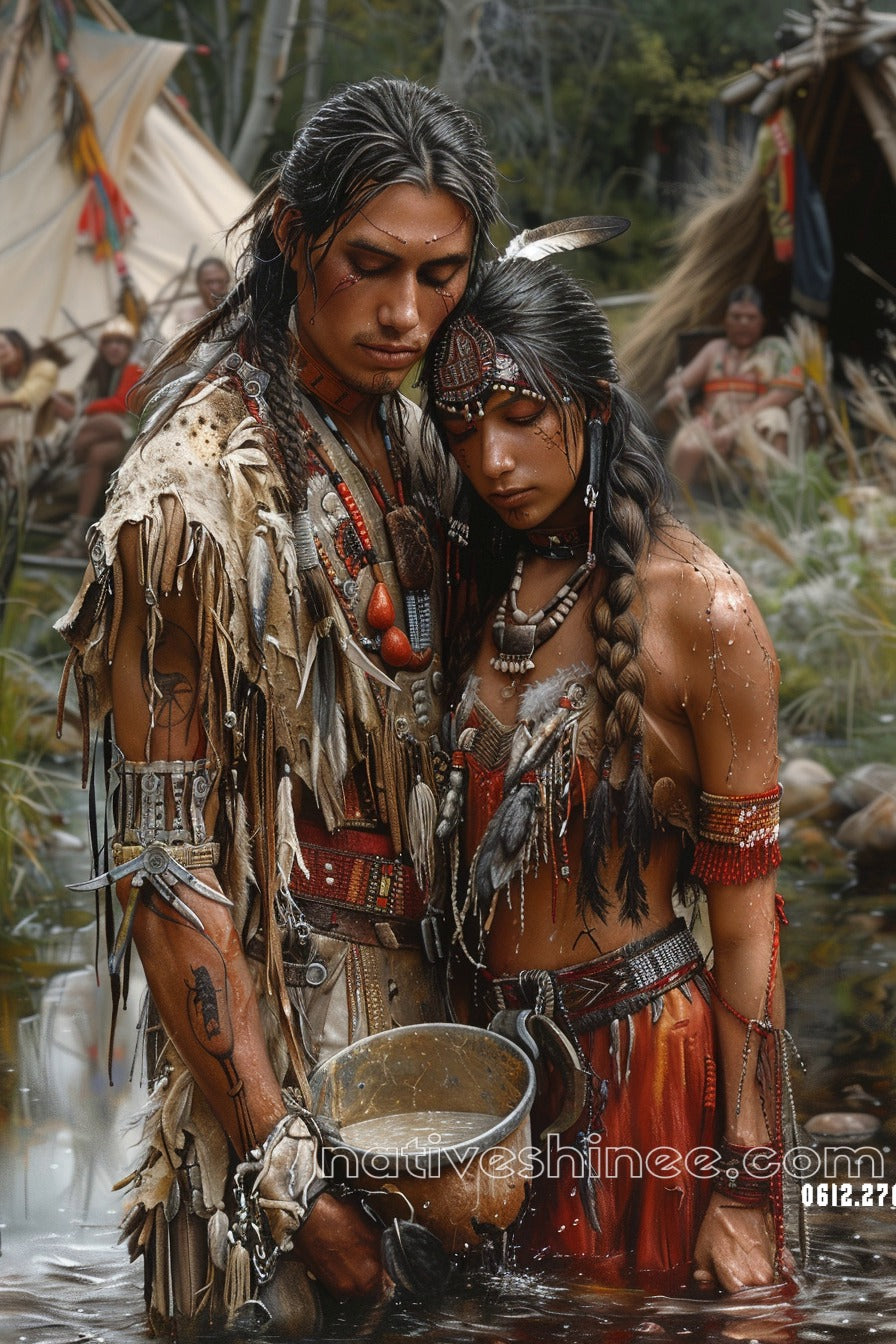 Whispers of Unity: Native Love by the Stream Native American Canvas