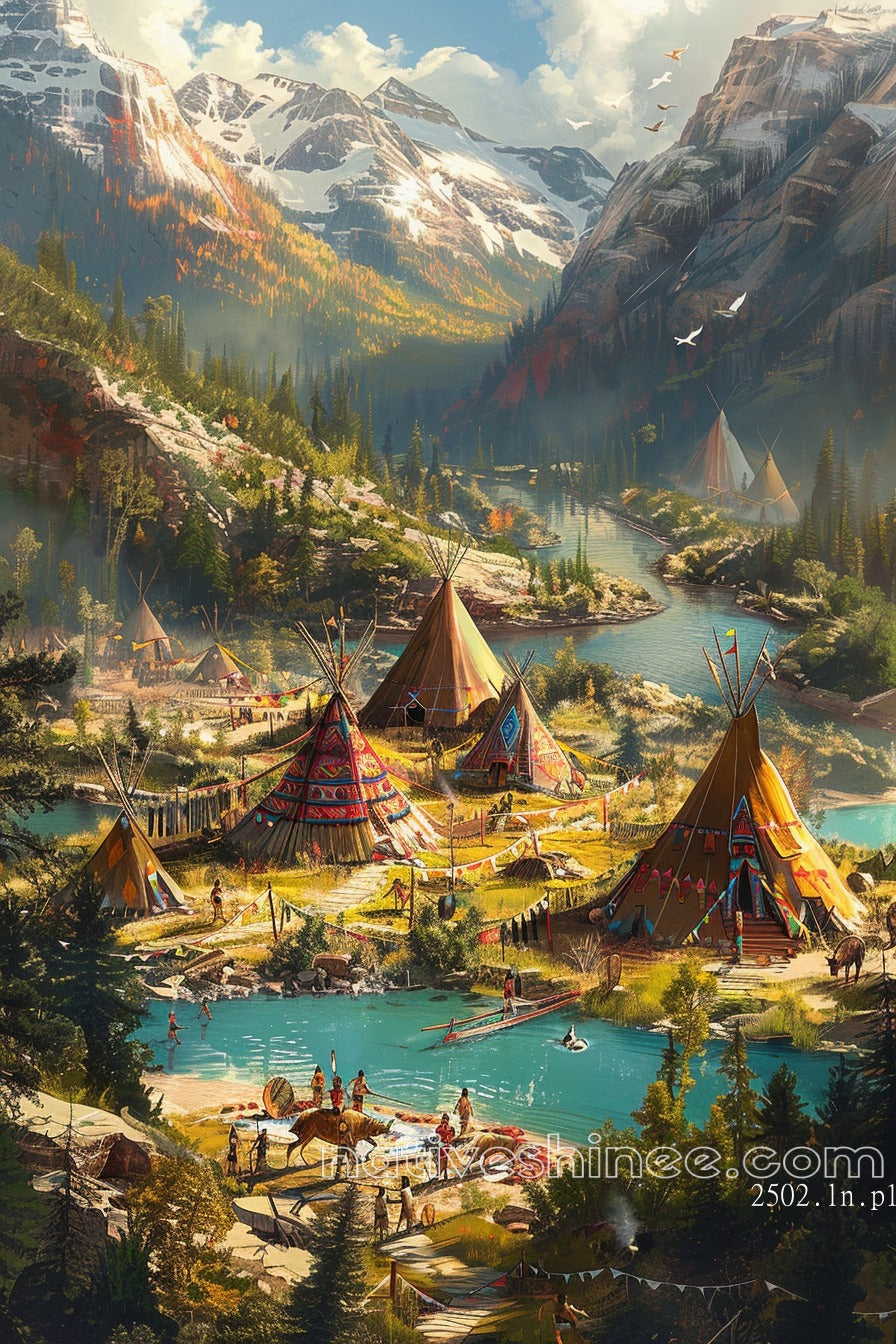 Cheyenne Summer Village in the Mountains Native American Canvas