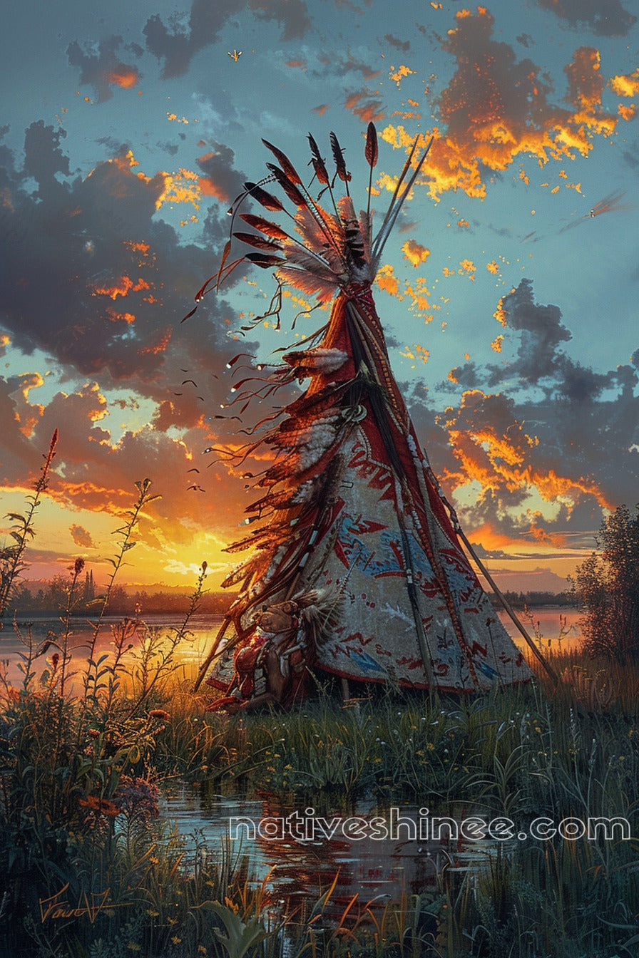 Sacred Lodge at Sunset Native American Canvas