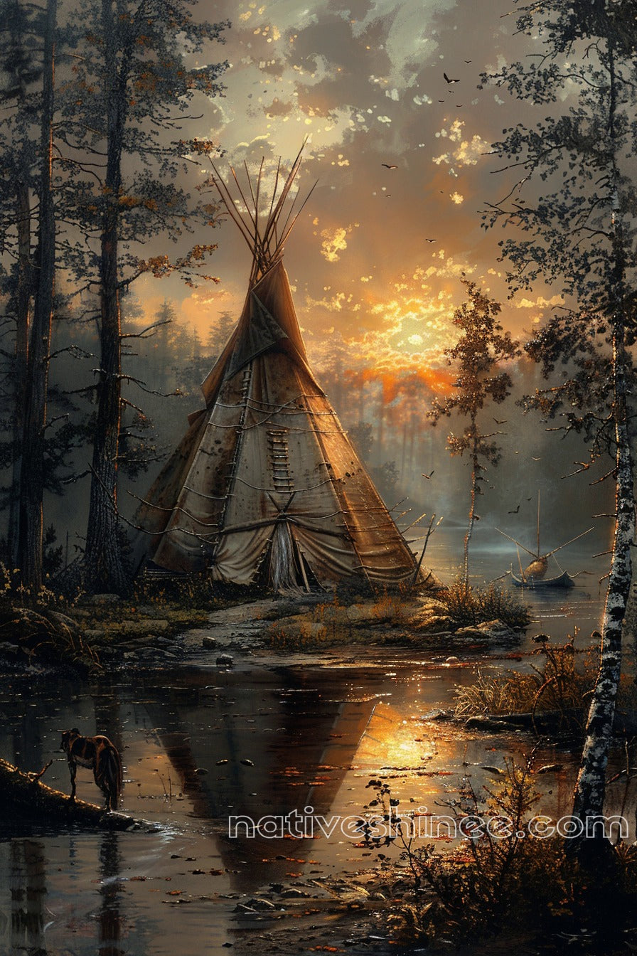 Twilight at the Riverside Camp Native American Canvas