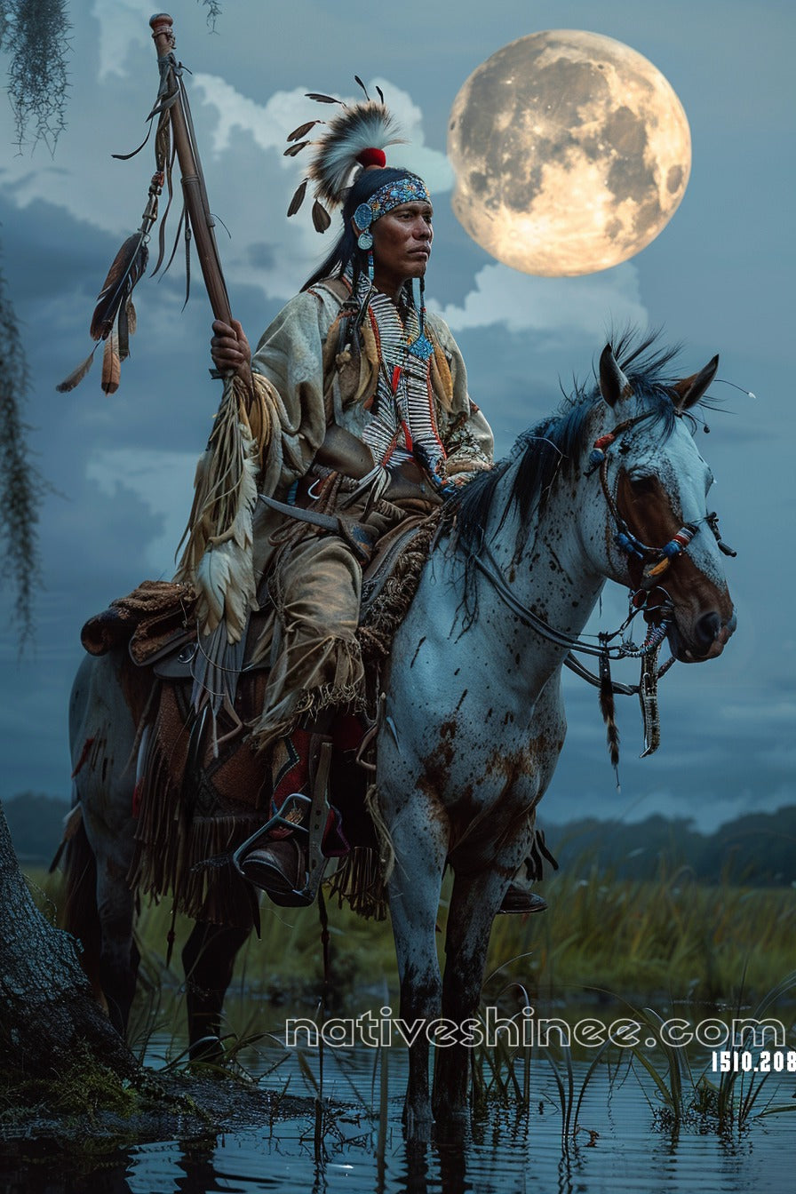 Moonlit Warrior: The Call of the Spirit Native American Canvas