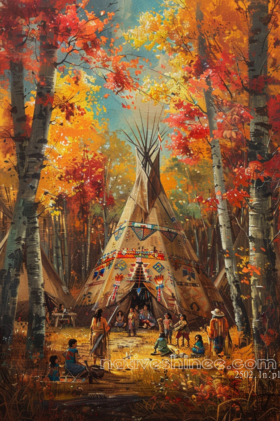 Autumn Gathering in the Woodland Camp Native American Canvas
