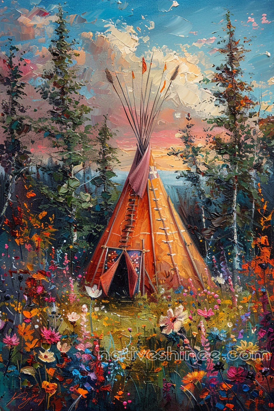 Sunset Over the Teepee Native American Canvas