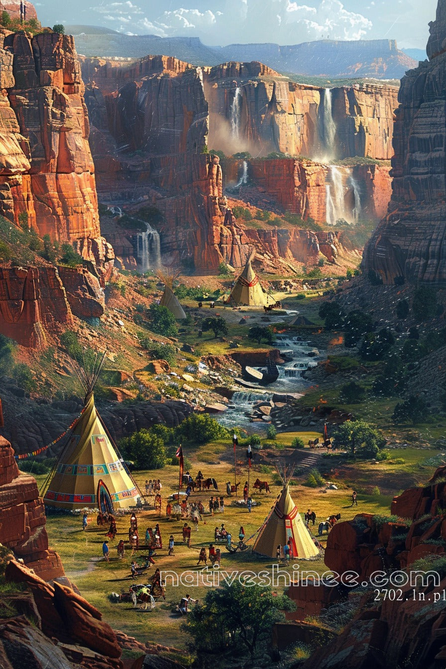 Echoes of the Earth: Life by the Waterfalls Native American Canvas