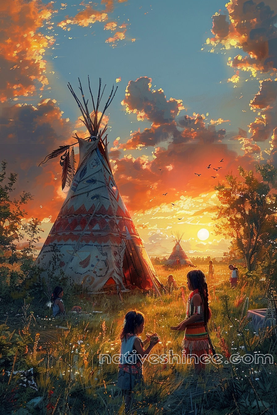 Cheyenne Camp at Sunset Native American Canvas