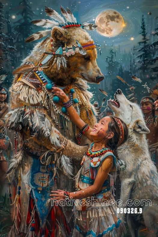 Moon Gathering with Bear and Child Canvas