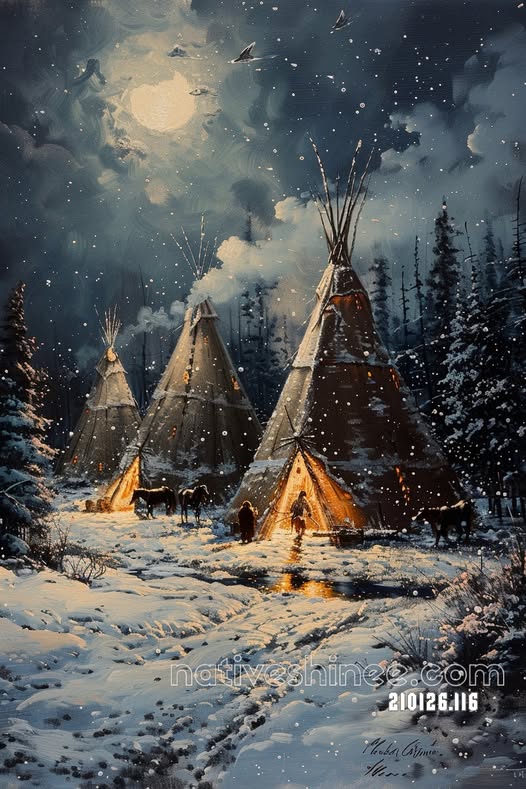 Winter Camp Under the Full Moon Canvas