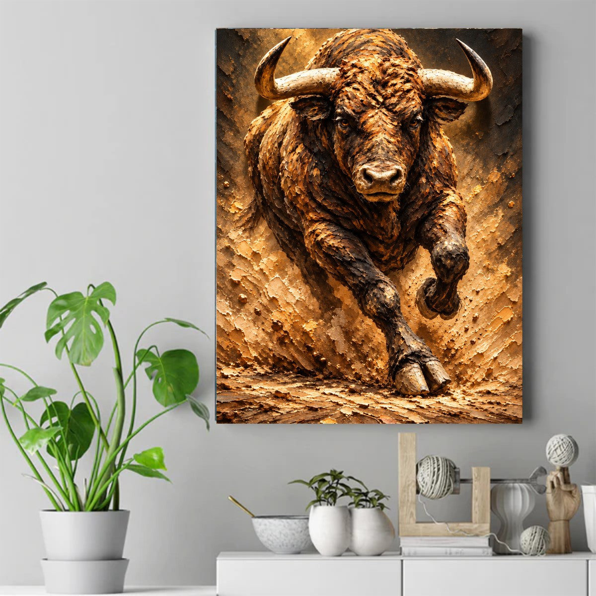 A bison charging forward with one front hoof raised, painted in thick textured strokes of warm brown and gold. – ảnh 2