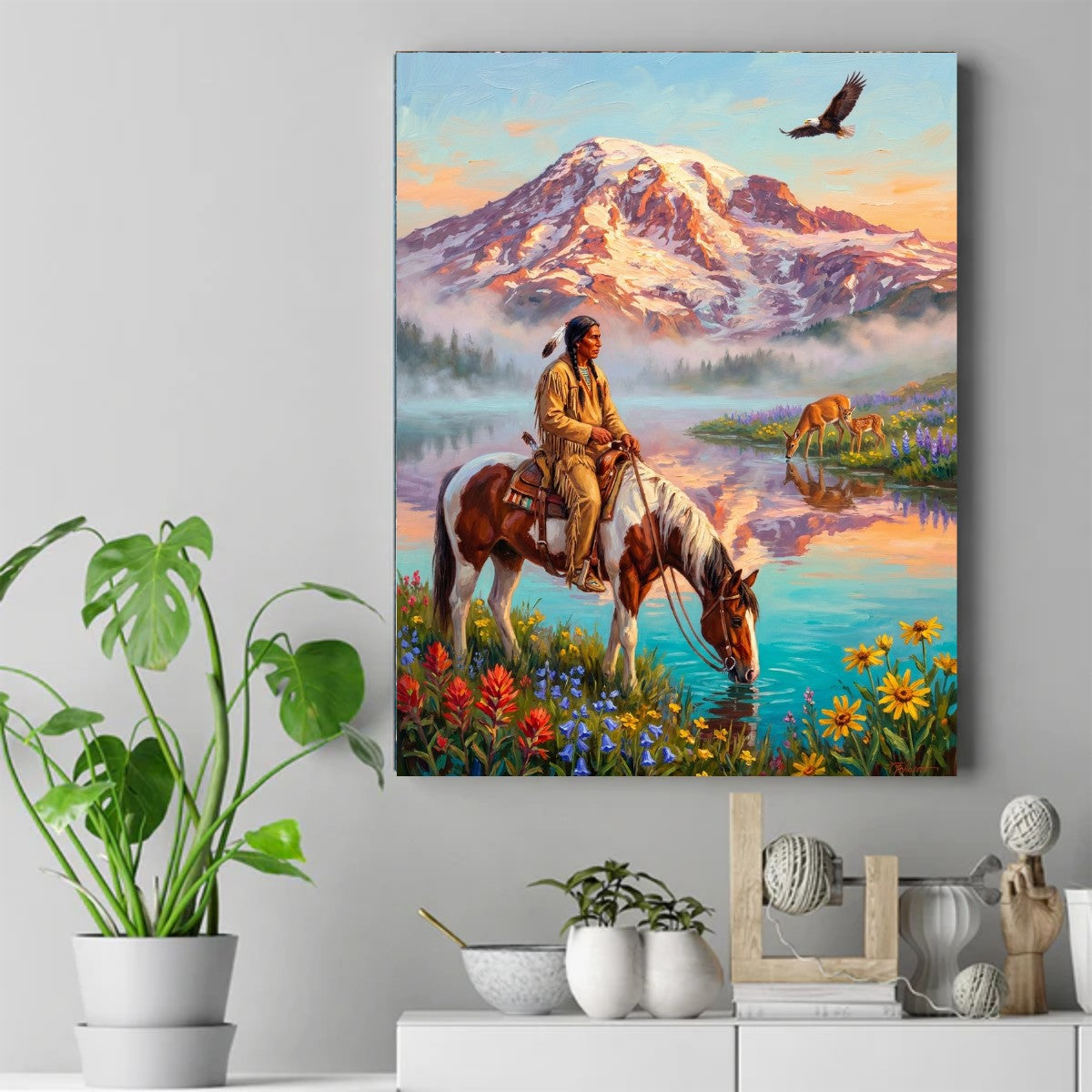 Native American man on a pinto horse at a mountain lake with an eagle overhead, deer drinking, and wildflowers below – ảnh 2