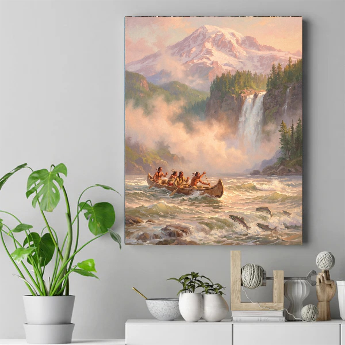 Native paddlers in a canoe riding river rapids with leaping salmon, a waterfall and a snow-capped mountain at sunrise – ảnh 2