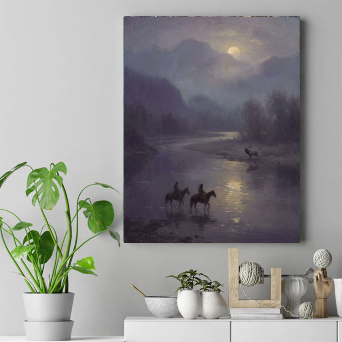 Two Native riders crossing a moonlit river at twilight while an elk stands on the bank, misty mountains behind – ảnh 2