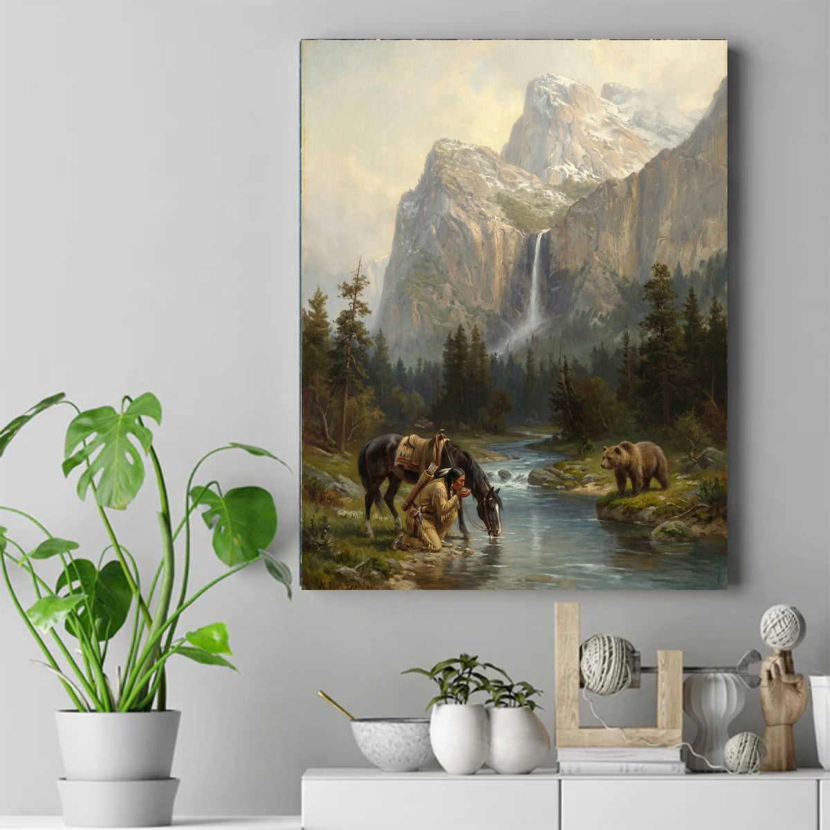 Native American man drinks from a stream with his horse while a brown bear watches from the far bank below snowy peaks – ảnh 2