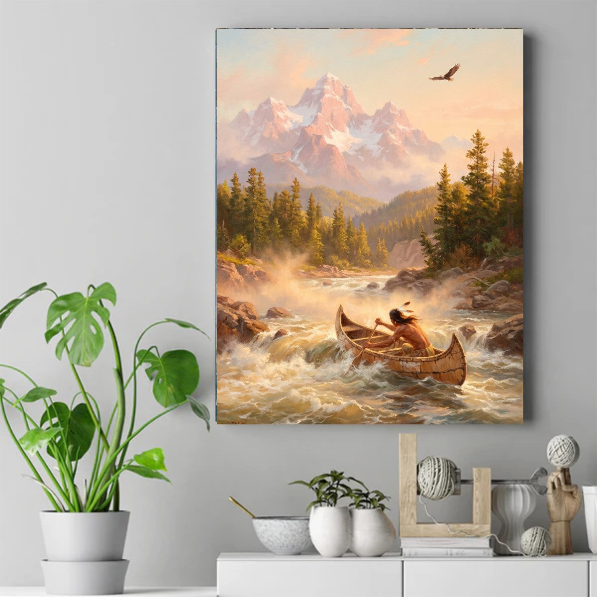 Native paddler steering a birchbark canoe through whitewater rapids, with snow-capped mountains, pine trees, and an eagle above – ảnh 2