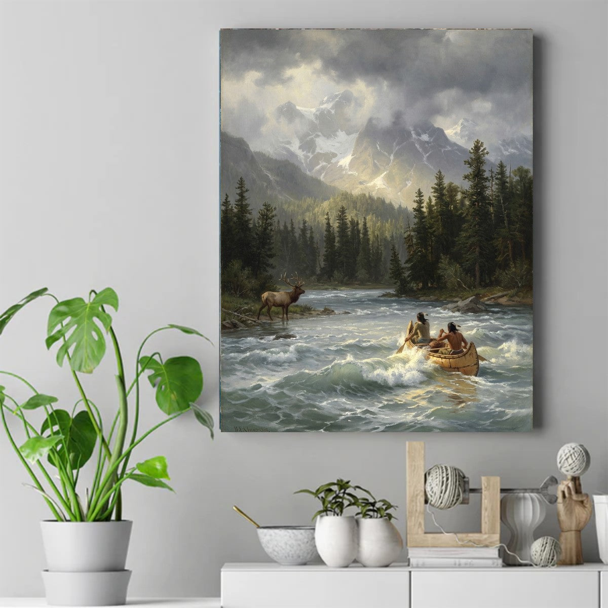 Two men paddle a birchbark canoe through rapids as a bull elk watches from the bank below snow-capped mountain peaks – ảnh 2