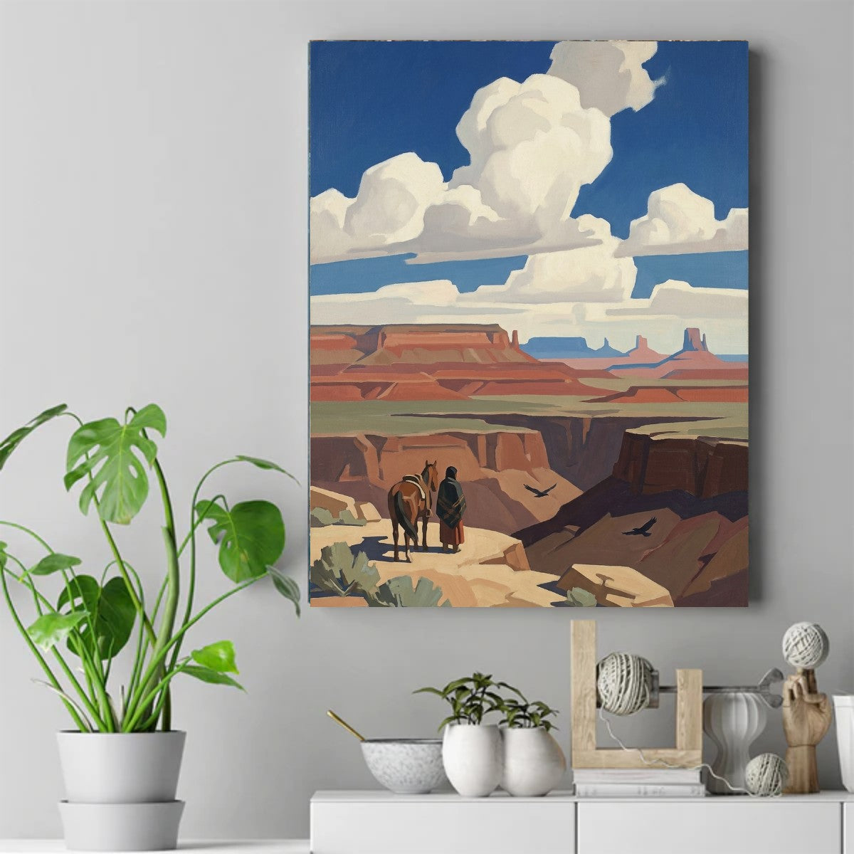 Native figure in a dark shawl with a horse on a cliff edge, looking over a red rock canyon with birds flying below. – ảnh 2