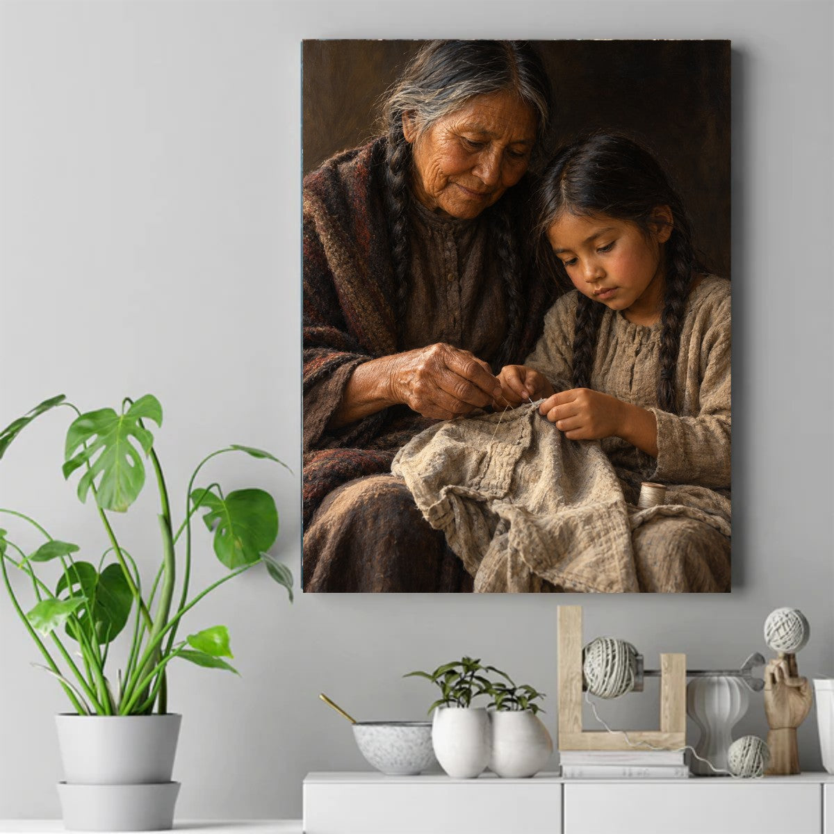 Elderly Native woman with gray braids guiding a young girl's hands as they sew cloth together – ảnh 2