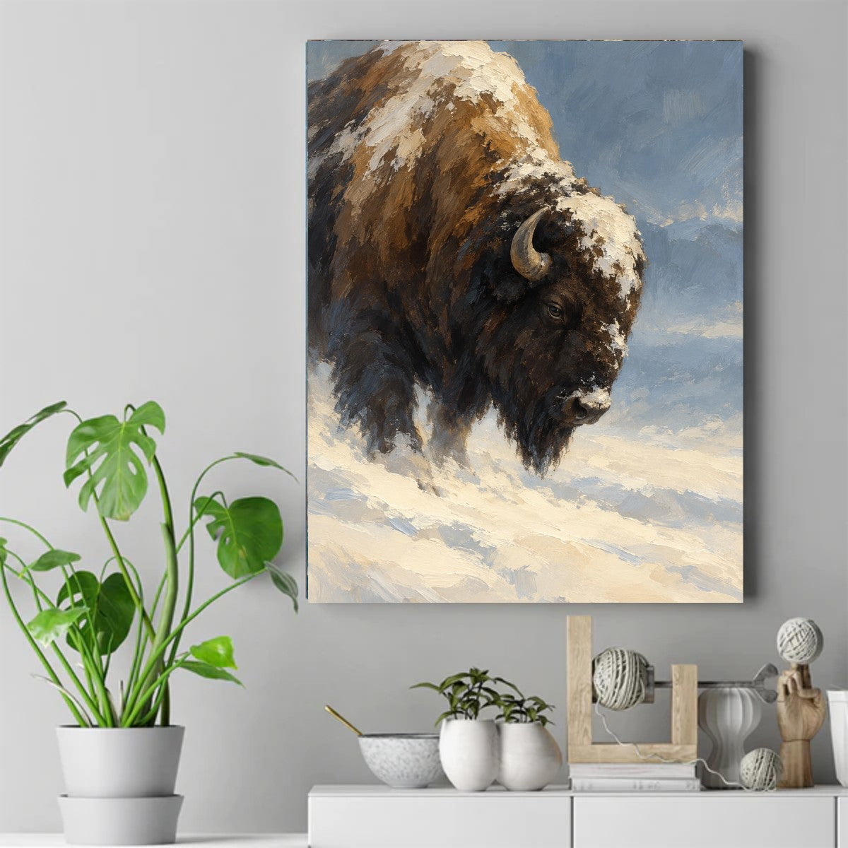 Painterly bison with snow on its back and brow walking through a snowy field under a soft blue winter sky – ảnh 2