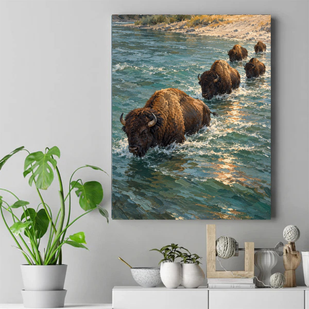 Bison herd wading across a green-blue river, autumn trees and a sandy bank behind them – ảnh 2