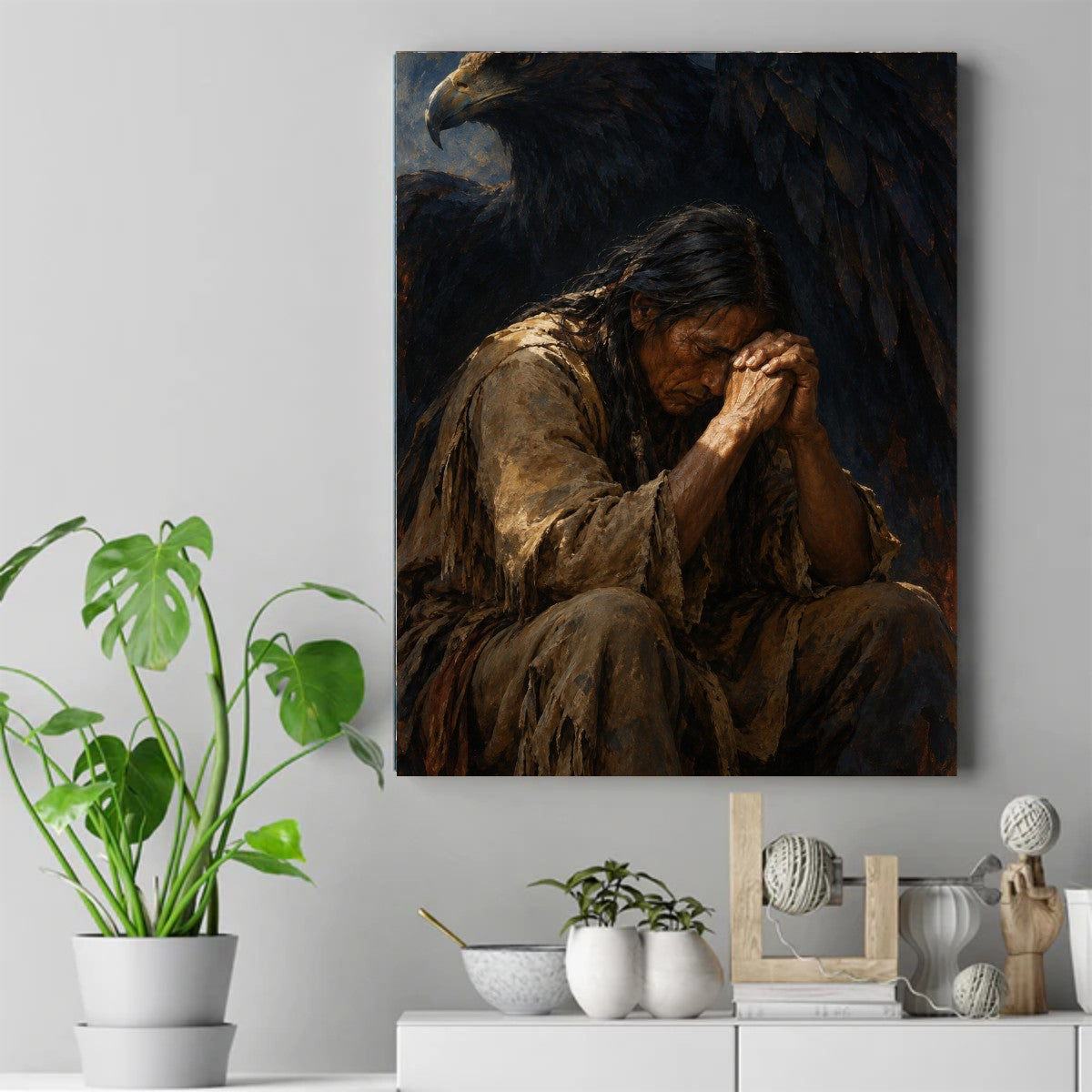Native American elder in fringed buckskin praying with clasped hands as a large eagle spreads its wings behind him – ảnh 2