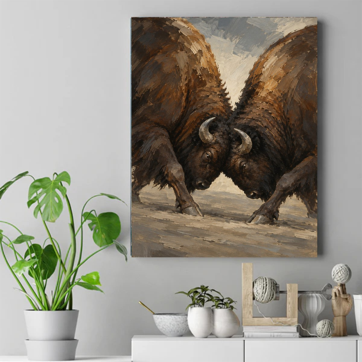 Two brown bison with locked horns pushing against each other on dusty ground, painted in thick oil strokes – ảnh 2