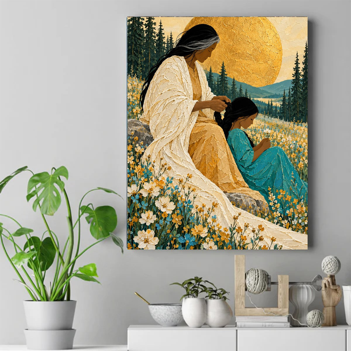 Older woman braiding a young girl's hair as they sit in a wildflower meadow under a large golden sun – ảnh 2