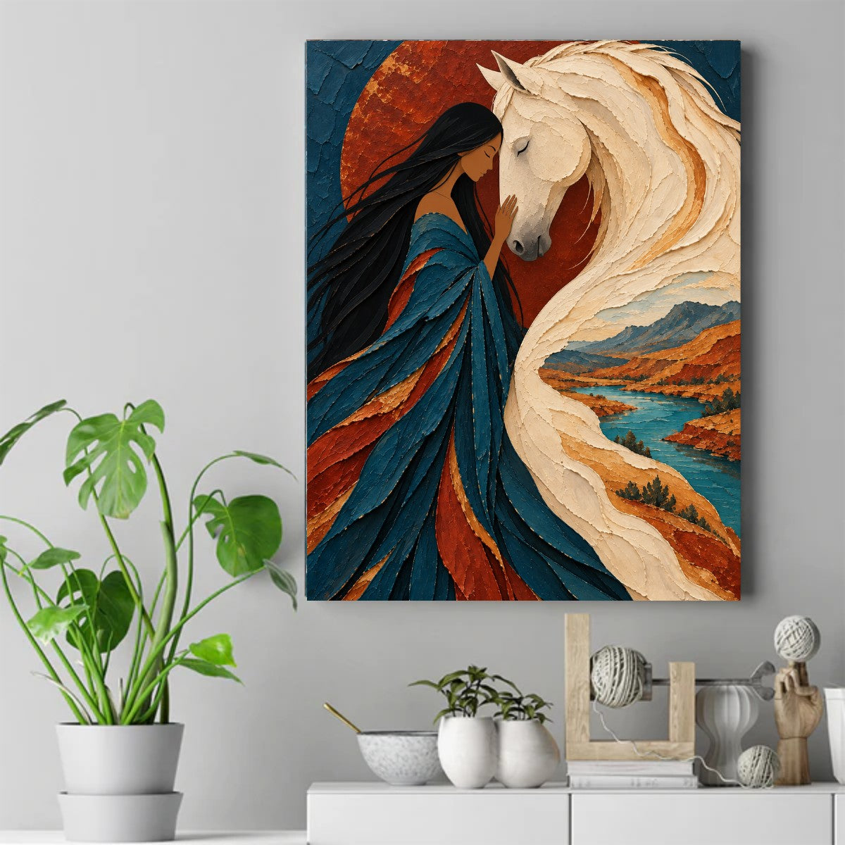 Woman touching foreheads with a white horse, whose flowing mane turns into a canyon and river landscape in teal and rust. – ảnh 2