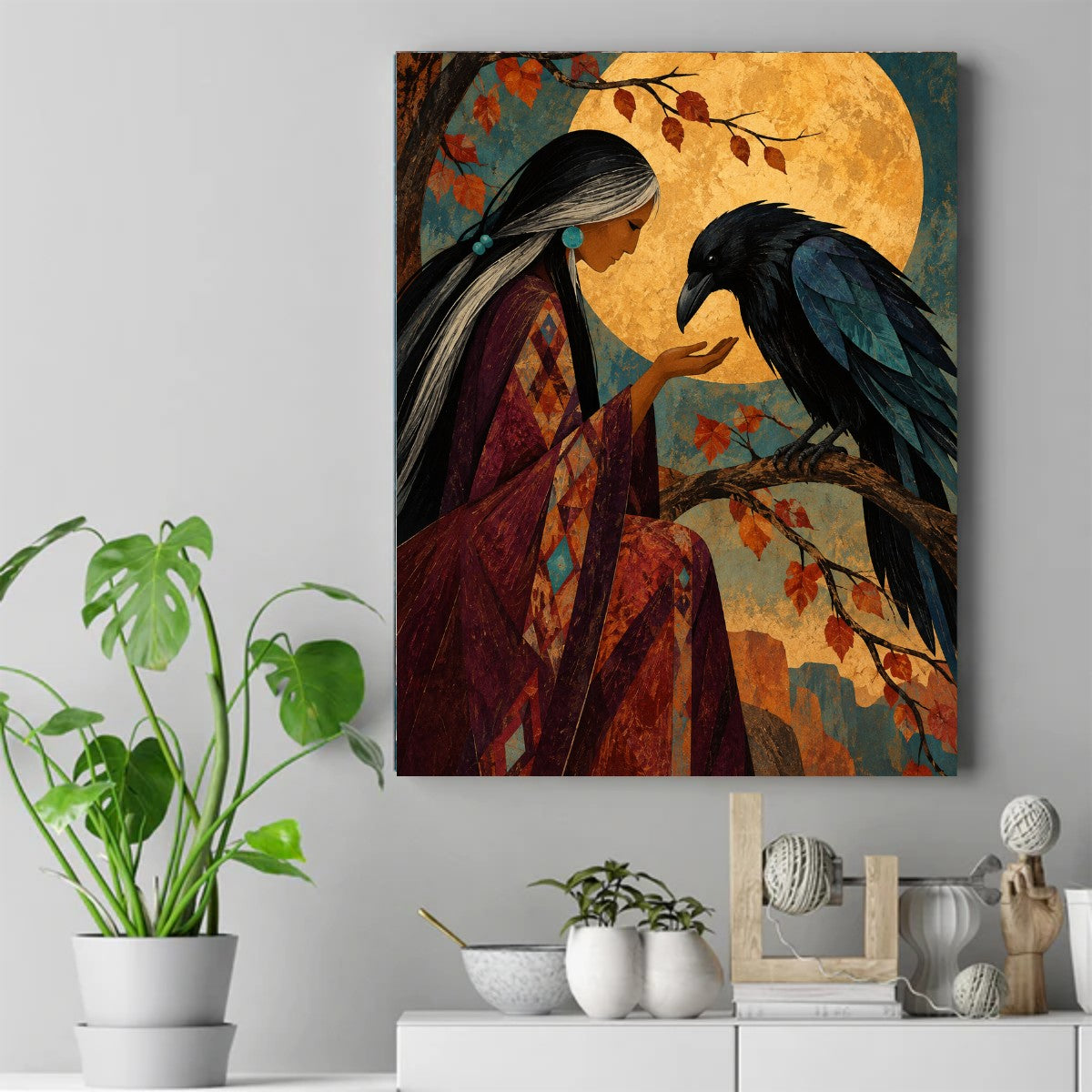Native woman in a burgundy shawl opening her hand to a black raven beneath a golden full moon and autumn leaves. – ảnh 2