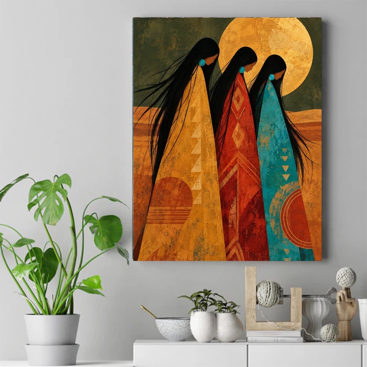 Three Native women in patterned blankets standing together under a large golden moon – ảnh 2