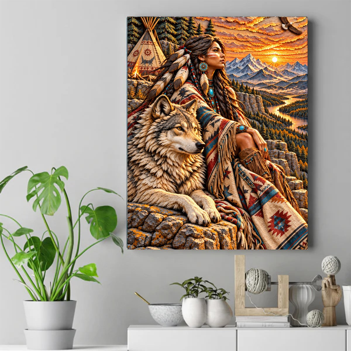 Native American woman sitting beside a gray wolf at sunrise, with a tipi, mountains, and an eagle behind her – ảnh 2