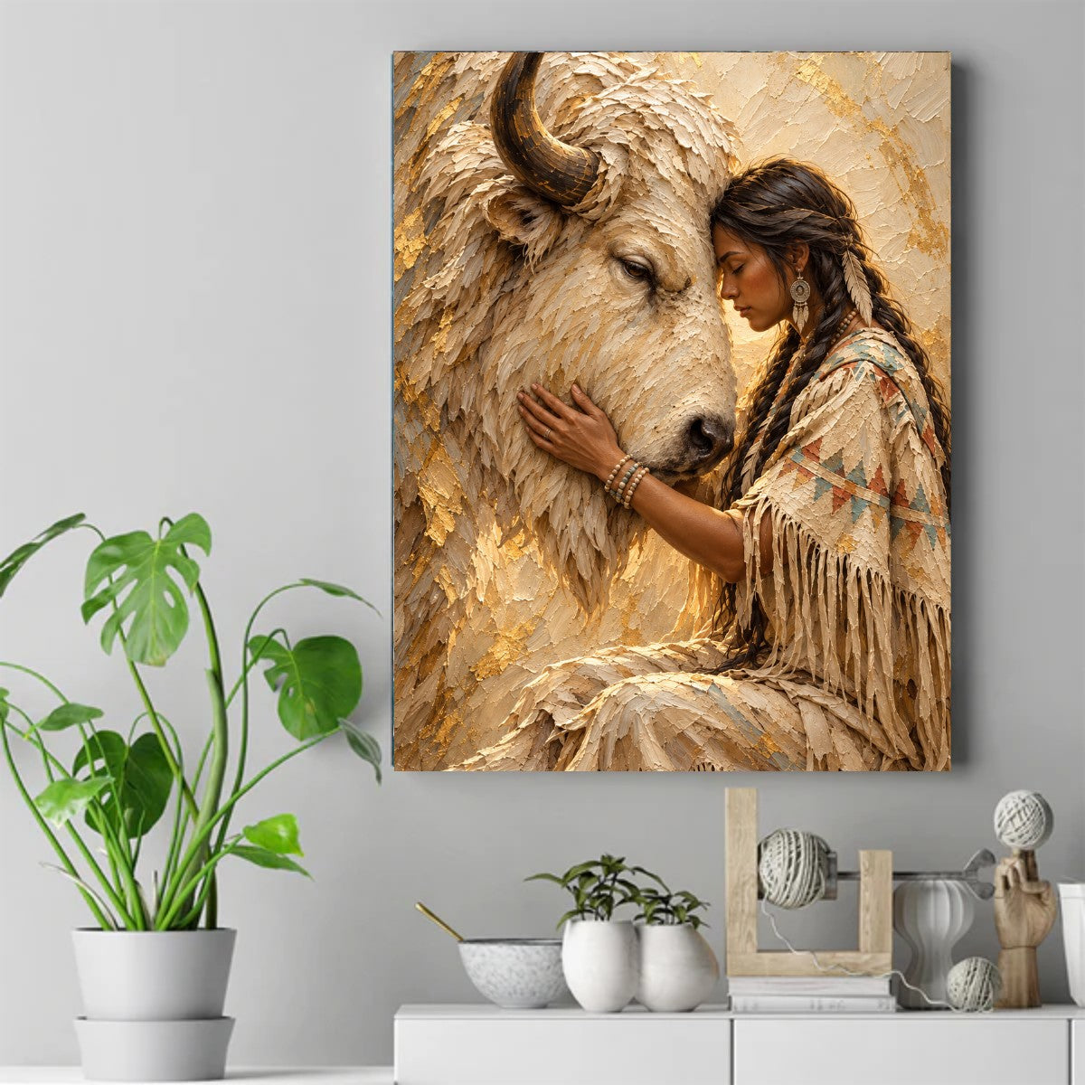 Native woman with braids and beaded bracelet resting her forehead against a white bison, warm cream and gold textured artwork. – ảnh 2