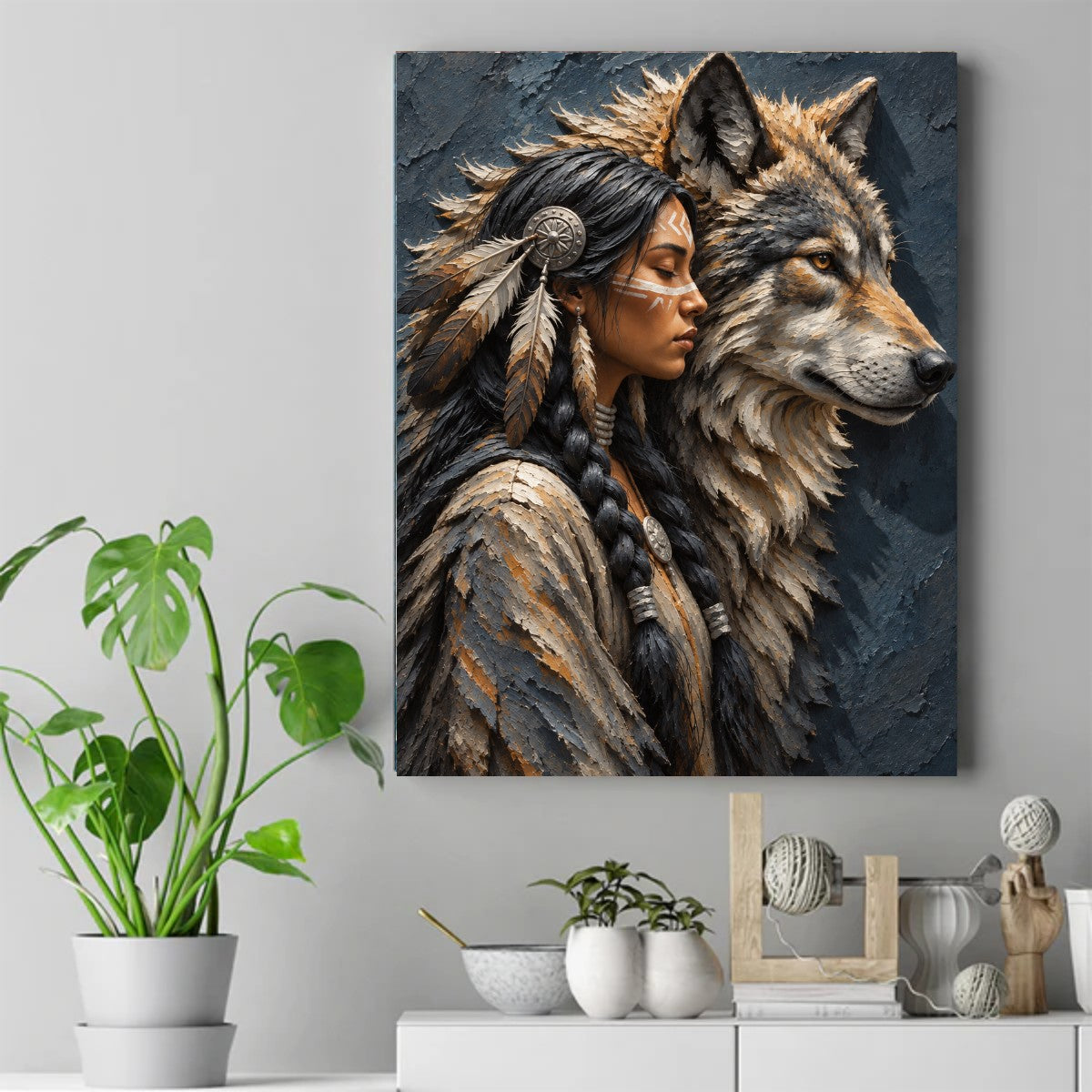 Native American woman in profile with feathers and face paint beside a grey wolf on a dark blue textured background. – ảnh 2
