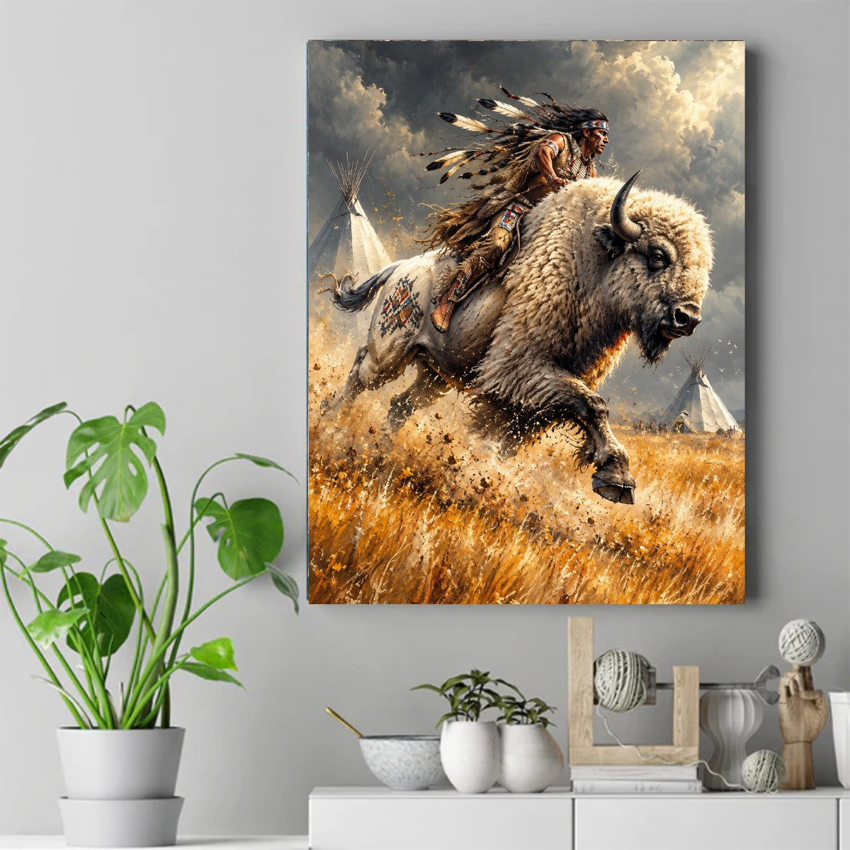 Native American rider in feathered headdress on a running white bison through tall golden grass, teepees under a stormy sky. – ảnh 2