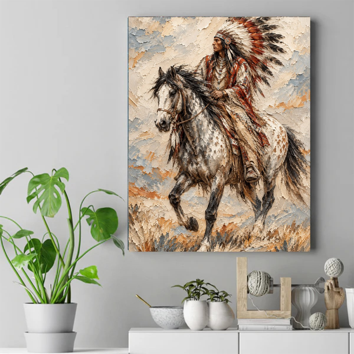 Native American rider in a feathered headdress on a spotted horse, textured oil painting in cream and rust tones. – ảnh 2