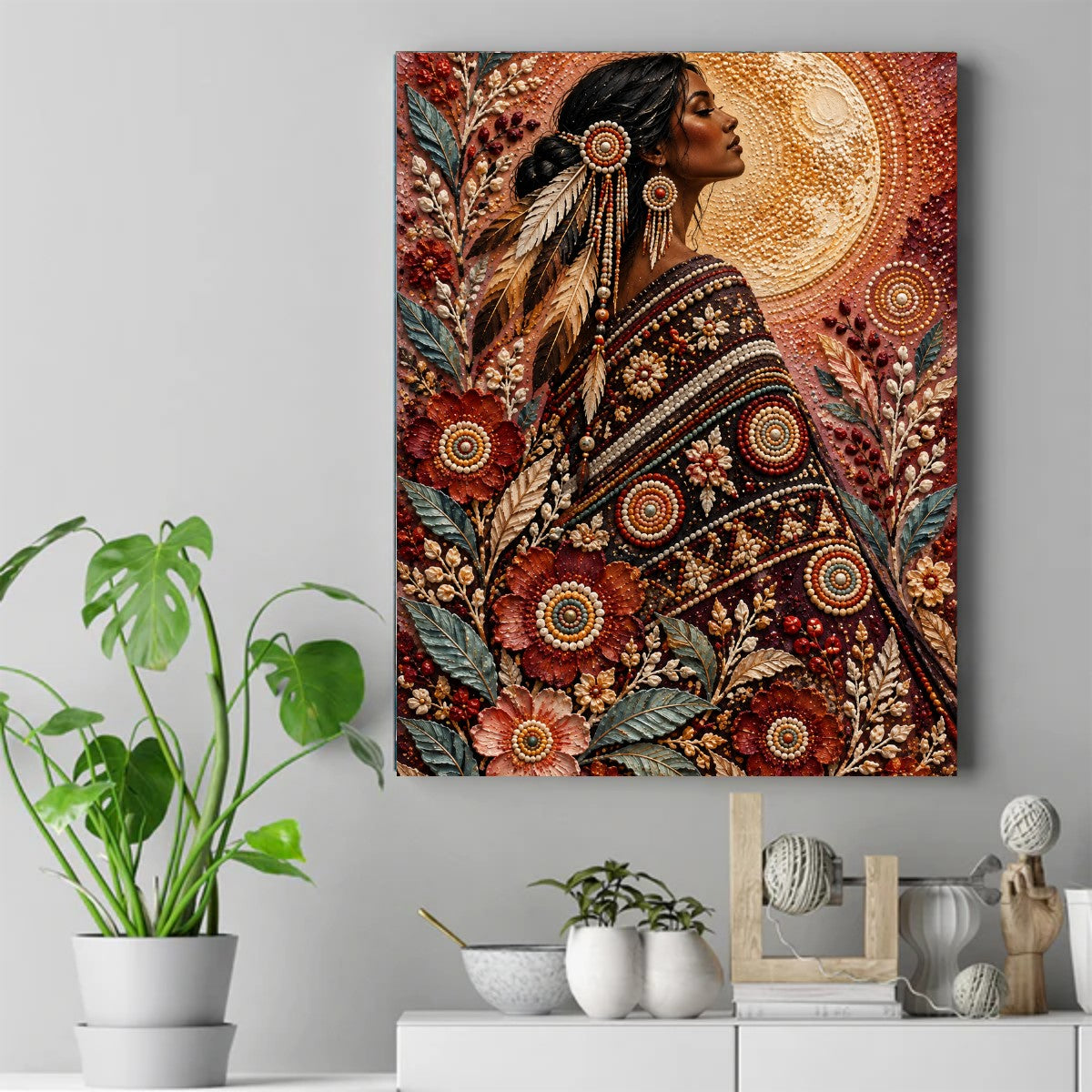 Native woman in profile in a beaded floral shawl with a feather in her hair, a golden moon behind her and flowers around her – ảnh 2