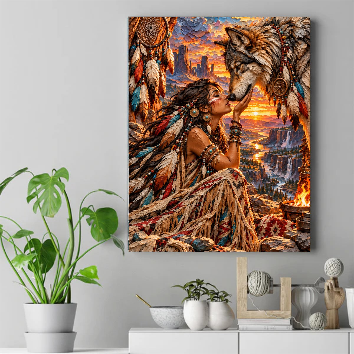 Native American woman with closed eyes touching noses with a gray wolf at sunset, dreamcatcher and feathers behind her – ảnh 2