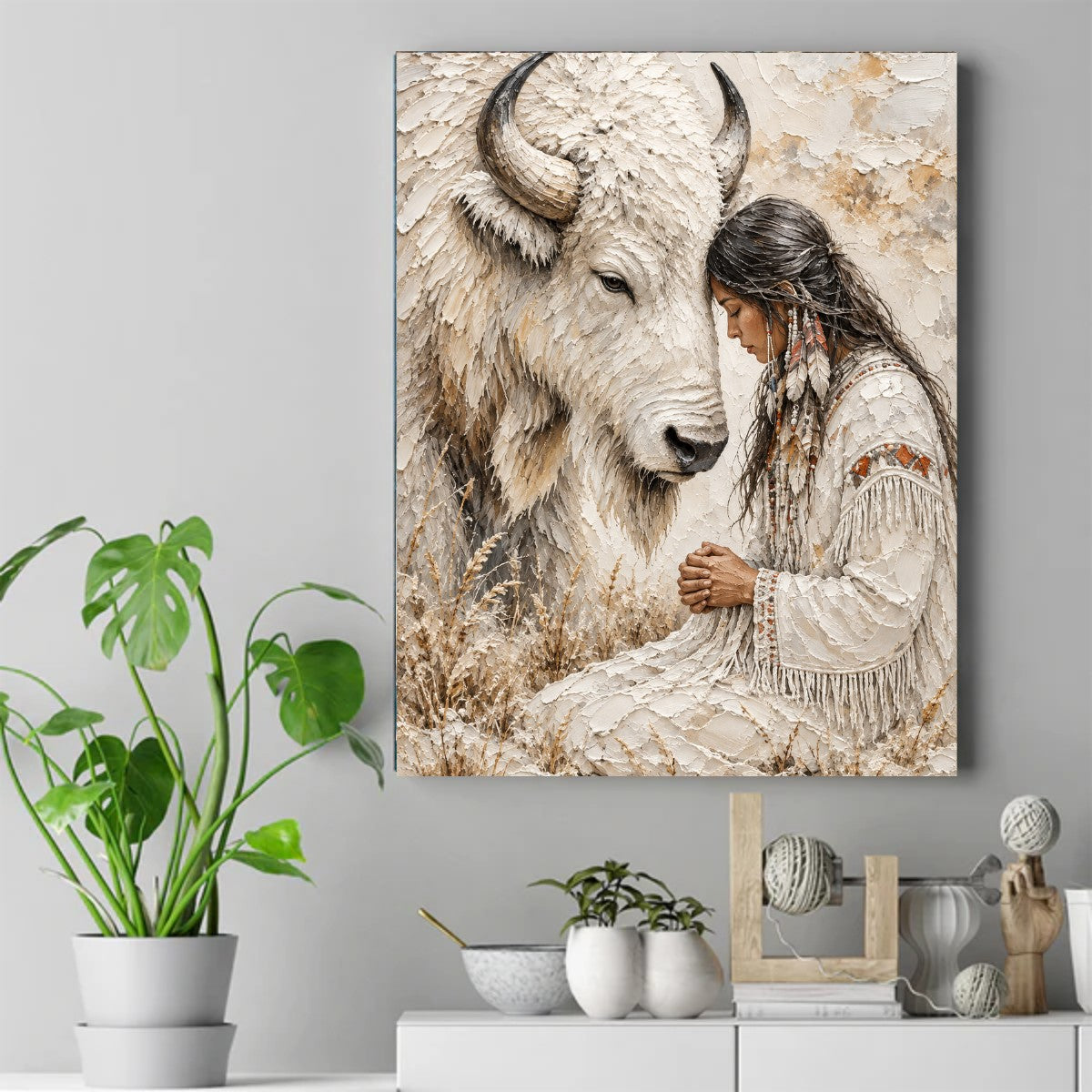 Textured cream-toned artwork of a Native woman with braided hair and feathers resting her forehead against a white bison. – ảnh 2