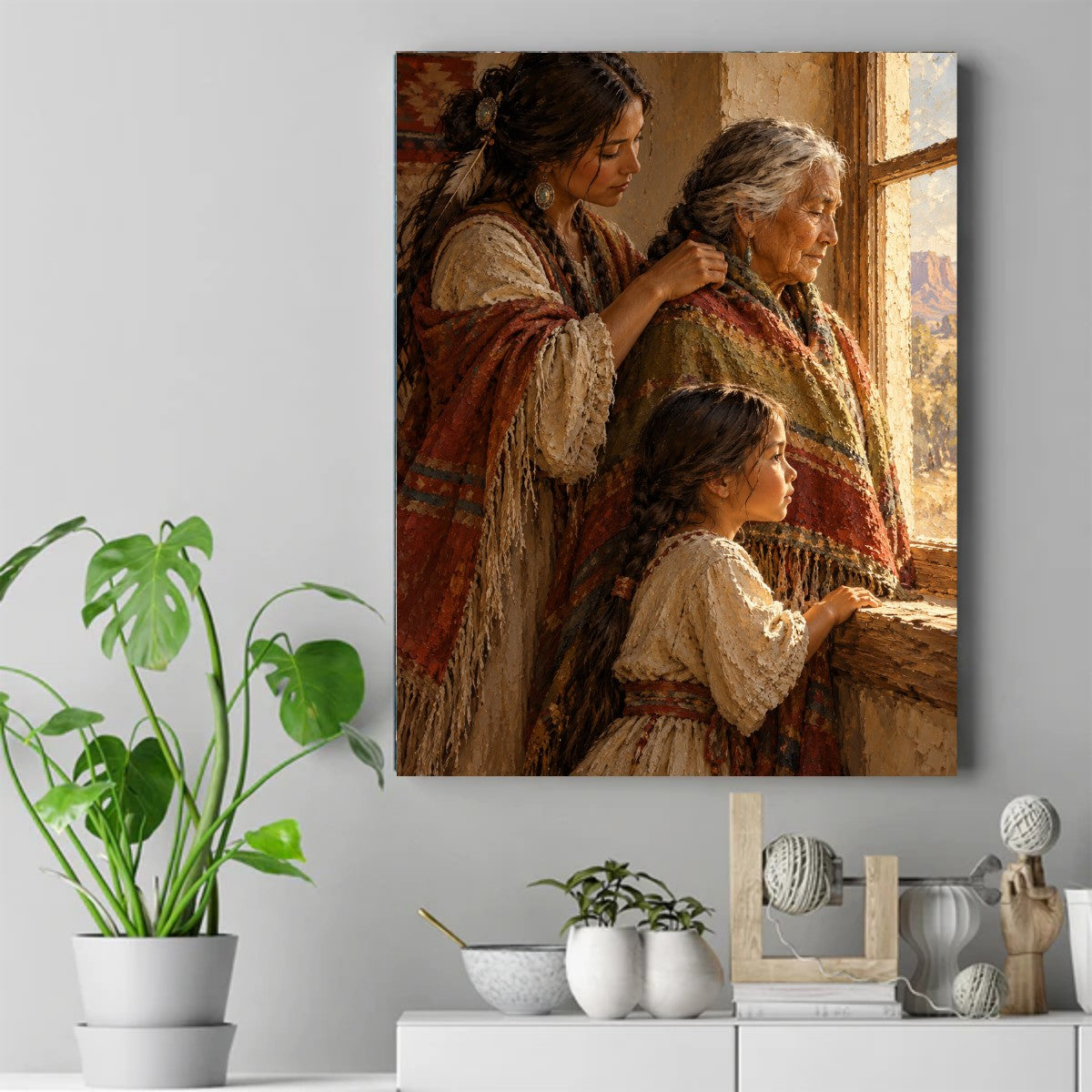 Three Native American women of different ages together by a window, one fixing an elder's hair, warm sunlight. – ảnh 2