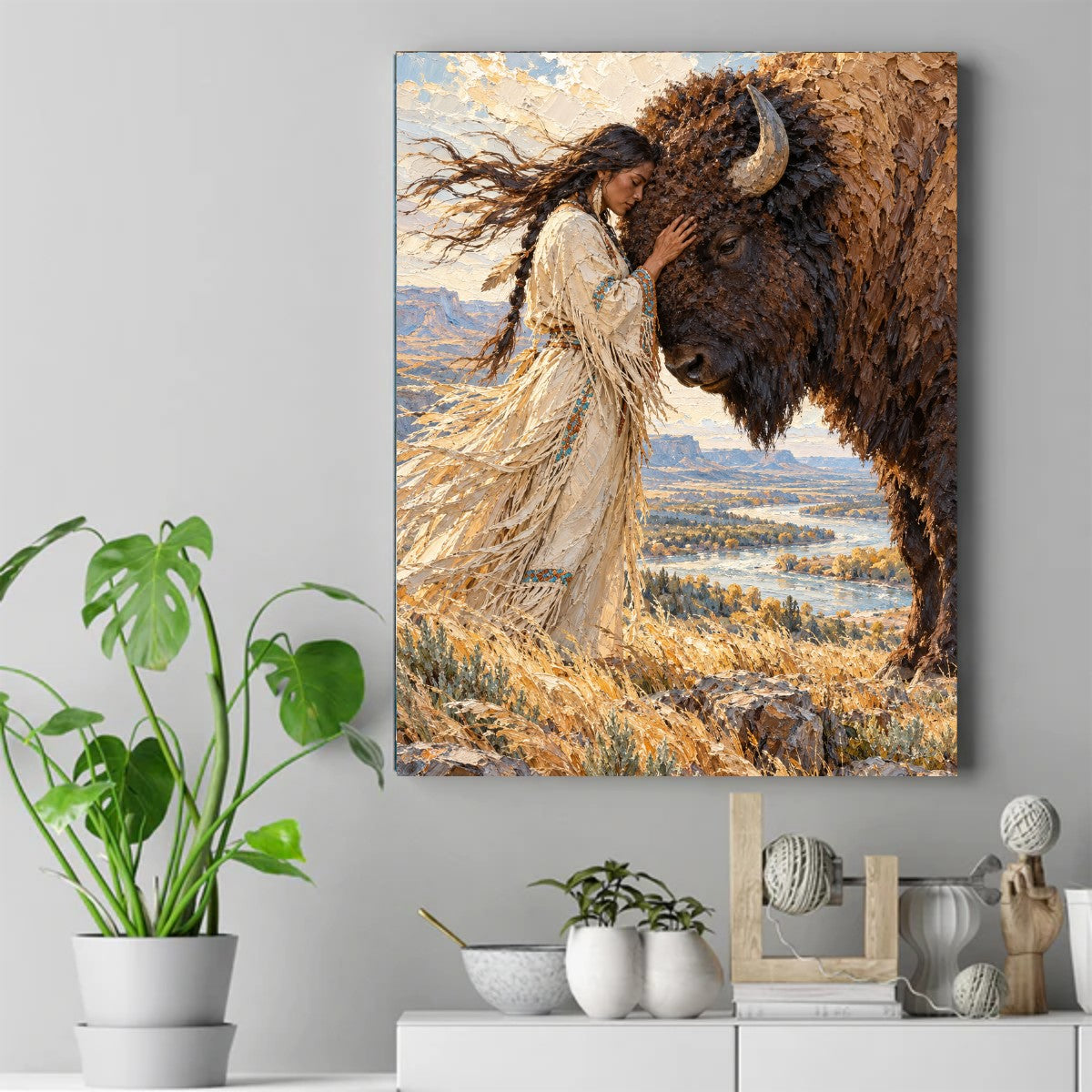Native woman in a fringed white dress touching foreheads with a large bison on a golden prairie at sunset – ảnh 2